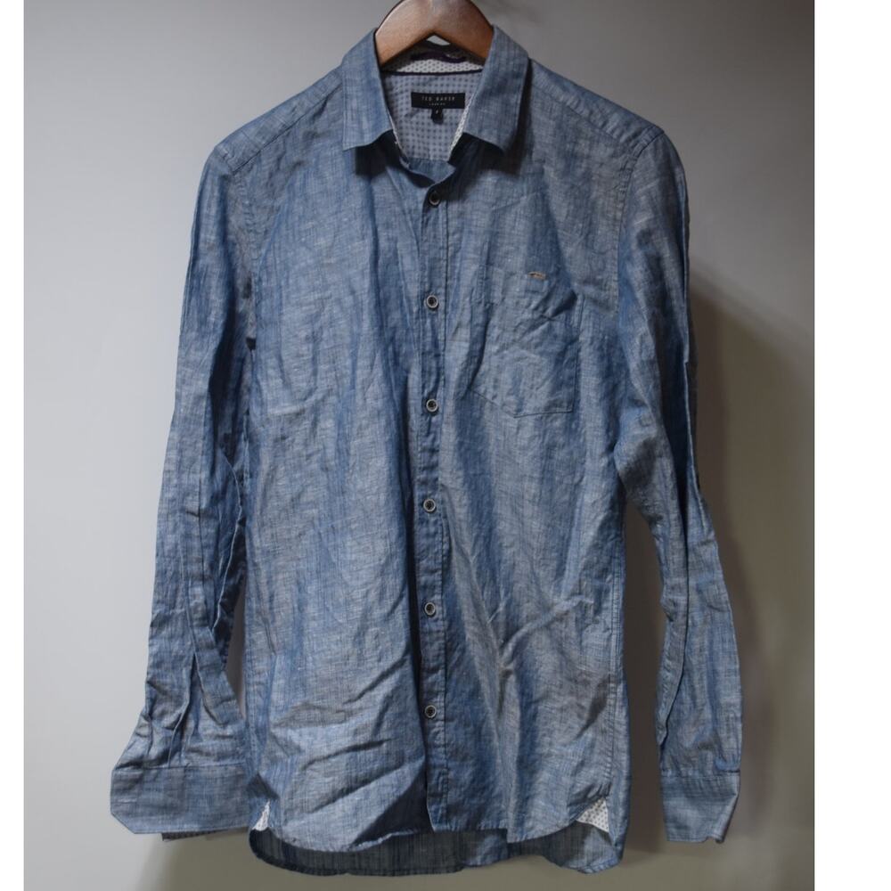 Ted Baker London Blue Linen Cotton Button Front Shirt Men's Size 2 Slim Fit